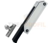 Latch for small cold room door featuring a sturdy metal base and an ergonomic black handle, designed for secure closure and durability.