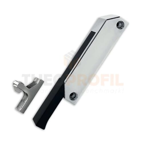 Latch for small cold room door featuring a sturdy metal base and an ergonomic black handle, designed for secure closure and durability.